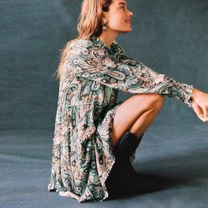 ANTHROPOLOGIE Cady Tiered Paisley Blue Printed Long Sleeve Tunic Dress Sz M